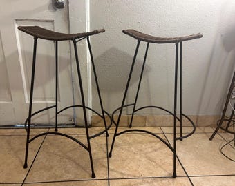 2 Vintage Arthur Umanoff Style Bar Stools Mid Century Modern Wrought Iron Wicker