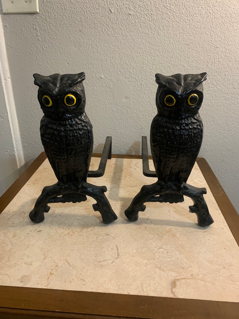 Vintage Antique OWL Cast Iron FIREPLACE ANDIRONS Etsy