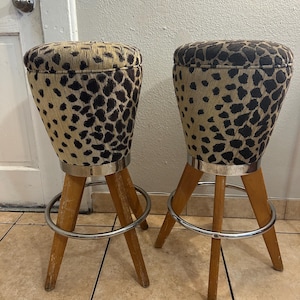 Vintage  Swivel  Mid-Century Modern Faux Leopard Bar Stools Set Of 2