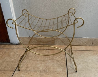 Vintage Mid Century Modern Gold Metal Vanity Stool Bench Hollywood
