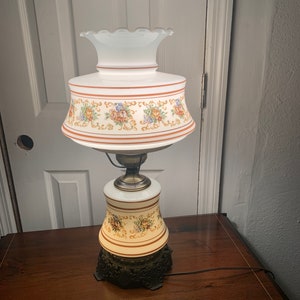 Vintage Hurricane Lamp Milk Glass  3 way Switch Night Light Table Lamp