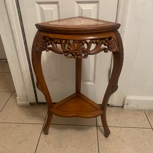 Vintage Asian Style Corner Table Bust Plant Stand Marble Top Carved Wood