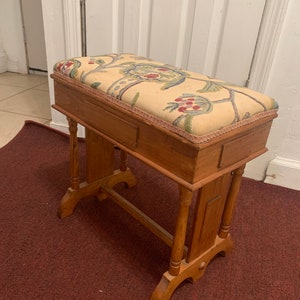 Antique Needlepoint Wooden Vanity or Piano Bench Seater Stool