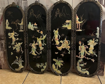 Vintage 4 Asian Chinese Wall Panels With Black Locker Figuring