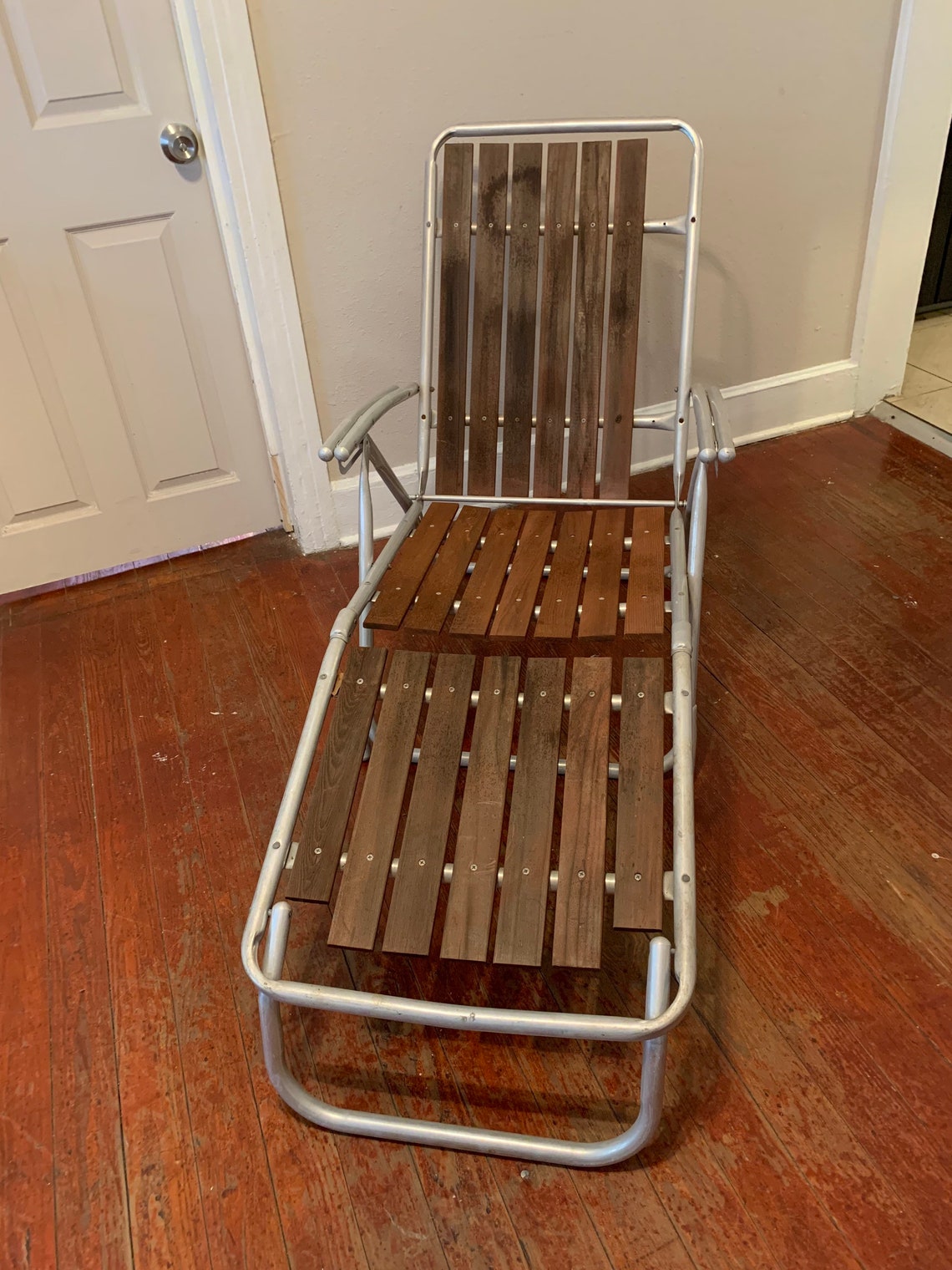 Vintage MCM Patio Aluminum Chaise Lounge Redwood Wood Slats Etsy