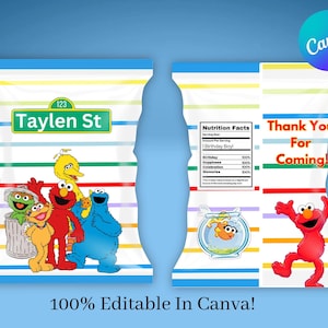 May include: A printable design for a party favor bag featuring Sesame Street characters, including Big Bird, Elmo, Cookie Monster, and a fish in a bowl. The bag has a blue and white striped border and a yellow, green, and red striped background. The text "Taylen St" and "Thank You For Coming!" are printed on the bag.