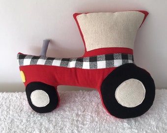 Red Tractor Pillow: Handmade Linen Nursery Cushion, Kids Gift