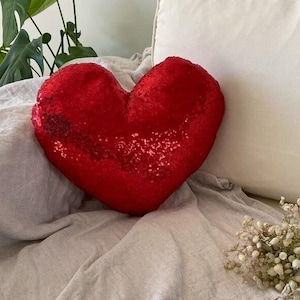 Red Heart Gift Pillow, Gift for Girls , Red Heart Decorative Pillow, Heart Throw Pillow , Love Pillow, Sequined Pillow, Heart pillow,