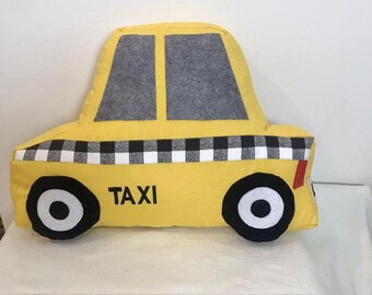 Personalised Taxi Shaped Pillow, Boy's Room Decor Pillow Transportation Kids Room Toddler Pillow, Car toy Nyc Taxi Pillow