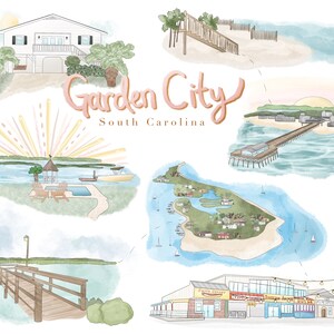 May include: A watercolor illustration of Garden City, South Carolina, featuring various landmarks and scenes. The illustration includes a beach with a pier, a house with a pool, a pier on a river, a small island with houses, and a waterfront restaurant.