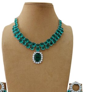 Cz Diamond Necklace, Aqua Green necklace ,Bridal Necklace, Indian jewelry ,Victorian necklace, pakistani necklace,Stone jewelry,Delicate set