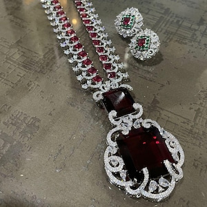 Antique Diamond necklace,White Gold plated necklace with Ruby stone,Indian jewelry,Victorian necklace,Wedding necklace,  Jaipuri jewellery.