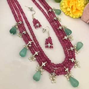 Elegant Pink Beaded necklace with earring,Beaded Jewelry, Antique pearl mala,Indian jewelry,Women mala, Jaipuri jewelry, Jaipuri mala set.