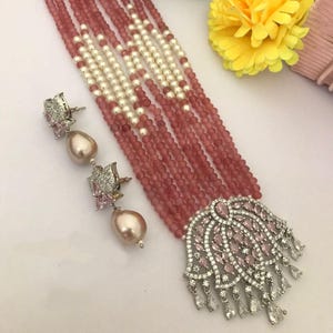 Pink Cz Diamond long necklace,  pink Beaded necklace, Women necklace,Indian necklace,Indian jewelry,Antique mala set,Jaipuri pearl jewelry.