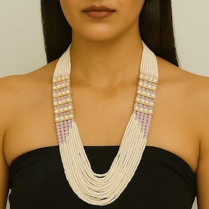 Pink White Colour Antique Kundan Beads long necklace,Sabyasachi necklace, Indian necklace,Indian jewelry, Antique mala set, Jaipuri Mala.