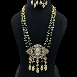 Moissanite Polki Kundan Necklace: Green Beaded Indian Jewelry