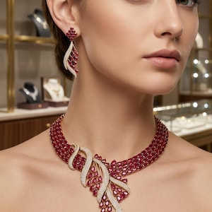 May include: A gold necklace and matching earring set featuring deep red pear-shaped gemstones and small white pavé stones. The necklace has a multi-strand design with a prominent asymmetrical leaf-shaped pendant, while the earrings are drop-style.