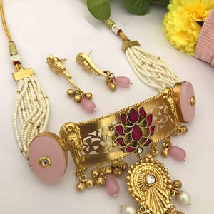 Handmade Kundan Gold Choker: Pink Stone Indian Necklace
