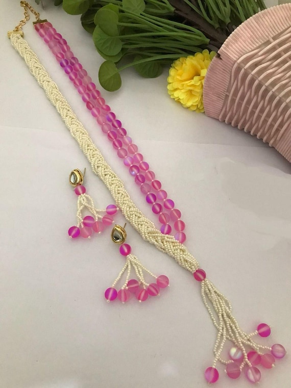 Pink Pearl Beaded Necklace Set: Indian Kundan Jewelry