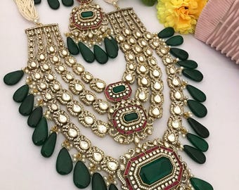 Kundan Polki Halskette Set: Smaragd, CZ, viktorianischer indischer Schmuck