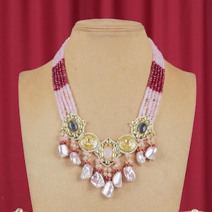 Red Pink Kundan Polki long Beaded Necklace,Women jewelry,Bridal meenakari necklace,Jaipuri necklace,Indian set,Wedding necklace,Gold jewelry