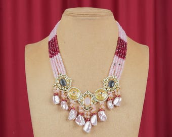 Kundan Polki Beaded Necklace Set: Red Pink Meenakari Indian Jewelry