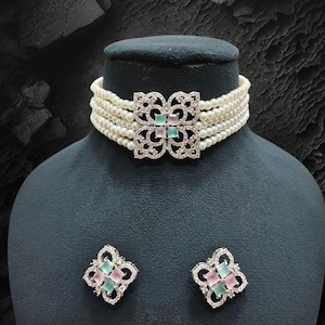 Elegant Pink and Mint green Beaded Choker Set with Earring,Jaipuri jewelry,Sabyasachi necklace,Indian jewelry, Pakistani Choker,Bridal set.