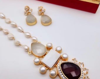 Pearl Long Necklace: Antique Indian Mala Set, Brass Earrings