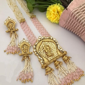 Pink gold Kundan Beaded necklace, Bollywood jewelry,Indian jewelry,lord ganesh mala set,Victorian necklace,Wedding necklace,Jaipuri necklace