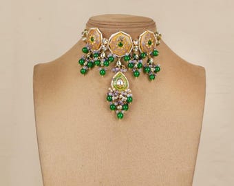 Kundan Polki Choker Necklace: Jaipuri Meenakari Indian Jewelry