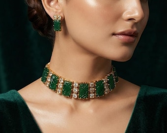 Conjunto de gargantilla tallada en verde esmeralda con pendientes, joyería nupcial de Bollywood.