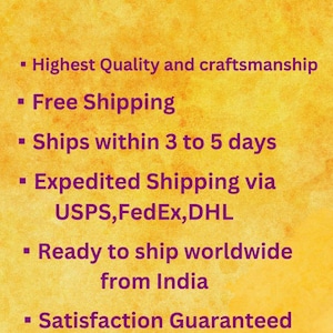 May include: A yellow background with purple text that reads "RR Rajrani Boutique". The text below lists the following: Highest Quality and craftsmanship, Free Shipping, Ships within 3 to 5 days, Expedited Shipping via USPS, FedEx, DHL, Ready to ship worldwide from India, Satisfaction Guaranteed.