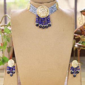 Blue Beaded Kundan choker set, Bollywood jewelry,Sabyasachi necklace, Indian necklace, Blue Antique choker set, Indian Jewelry.