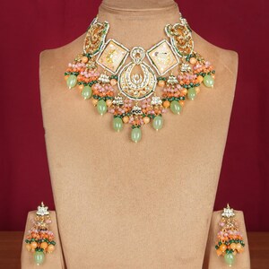 Pink green Kundan Polki Victorian Necklace-Kundan polki Choker necklace-Bridal Necklace-Indian jewelry-Victorian necklace-Jaipuri necklace.