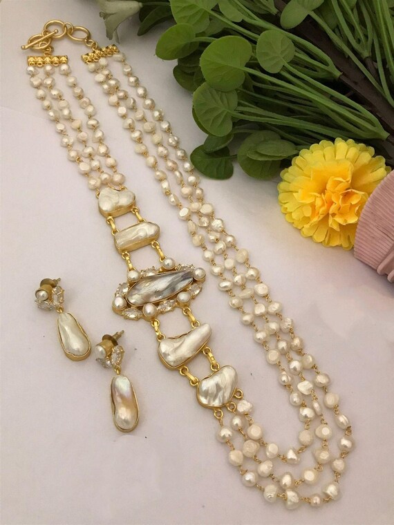 Pearl Necklace Set: Indian Pakistani Jewelry, Brass Earrings Pearl Necklace Set: Indian Pakistani Jewelry, Brass Earrings