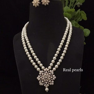 Pearl Necklace Set: Indian Jewelry, Brass Earrings