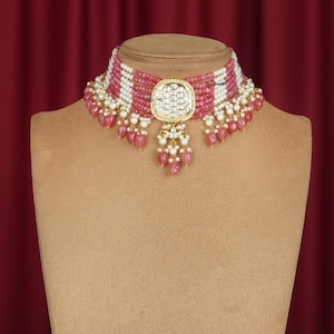 Pink Kundan Polki necklace, women jewelry,Bridal chokher,Jaipuri necklace,Indian jewelry,Wedding necklace, Traditional set, Gold jewelry.