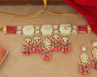 Elegant Kundan Choker Necklace set:with matching earrings, Sabyasachi Style Bridal Jewelry