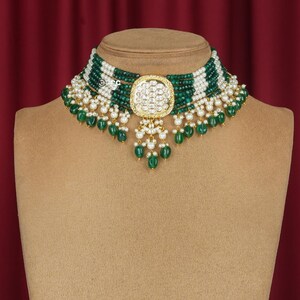 Green Kundan Polki necklace, women jewelry,Bridal chokher,Jaipuri necklace,Indian jewelry,Wedding necklace, Traditional set, Beeded jewelry.