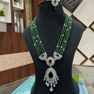 Green CZ Diamond Indian Necklace Set: Beaded Antique Mala Jewelry