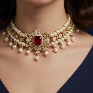 Könnte beinhalten: Ein goldfarbenes Choker-Halsband mit einem großen, quadratischen, roten Edelstein in der Mitte, umgeben von kleineren, klaren Steinen. Die Halskette ist mit mehreren Perlensträngen und Perlenanhängern verziert, was einen eleganten und luxuriösen Look erzeugt.