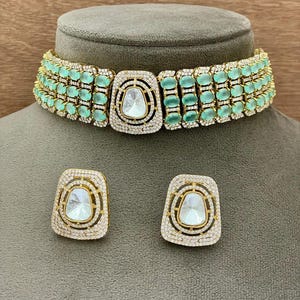 Mint Green Kundan Polki Choker,Sabyasachi necklace,Indian necklace,Indian jewelry,Kundan Jewelry,Wedding jewelry,Jaipuri Necklace.