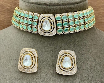 Mint Green Kundan Polki Choker: Indian Wedding Jewelry Set