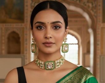 Conjunto de gargantilla Kundan Polki verde: joyería nupcial estilo Sabyasachi