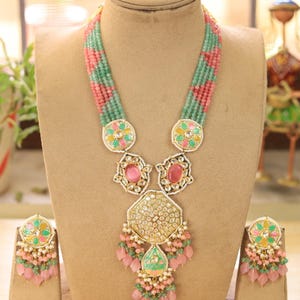 Elegent Pink Mint Beaded long necklace ,Sabyasachi necklace, Indian necklace, Indian jewelry, Kundan Jewelry, Antique mala set, jaipuri set.
