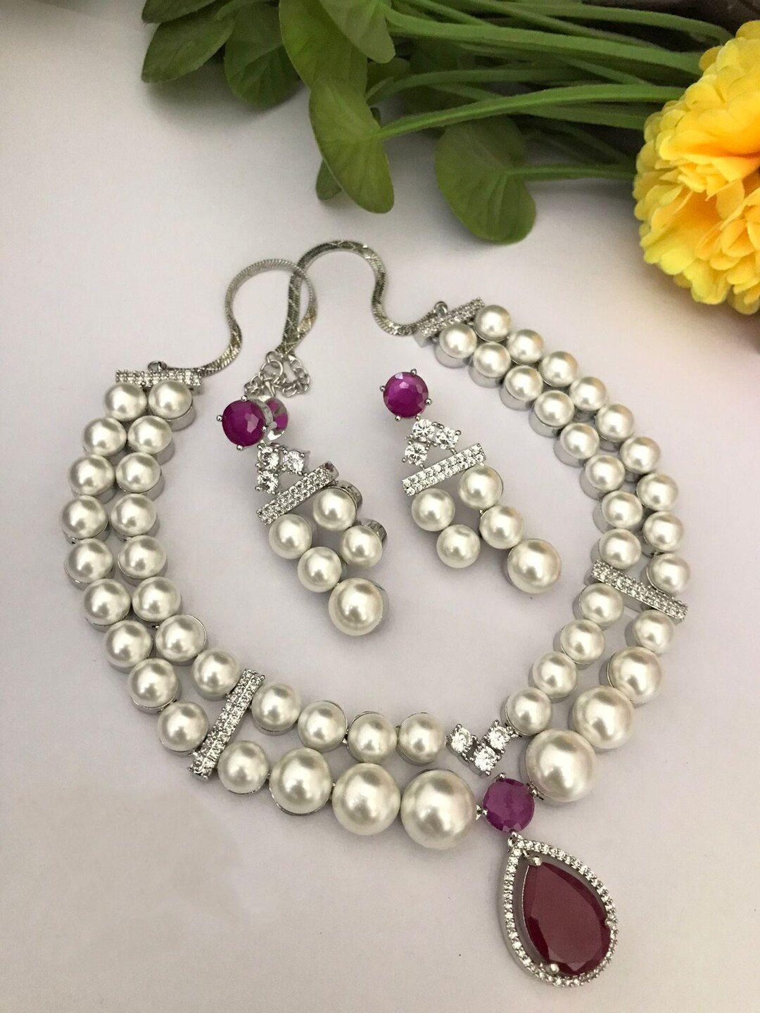 Ruby Set India Pearl and Ruby Indian Jewelry Set: Sabyasachi Style Necklace - Etsy