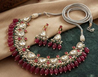 Elegante set di collana con perline Kundan rosse, collana da sposa