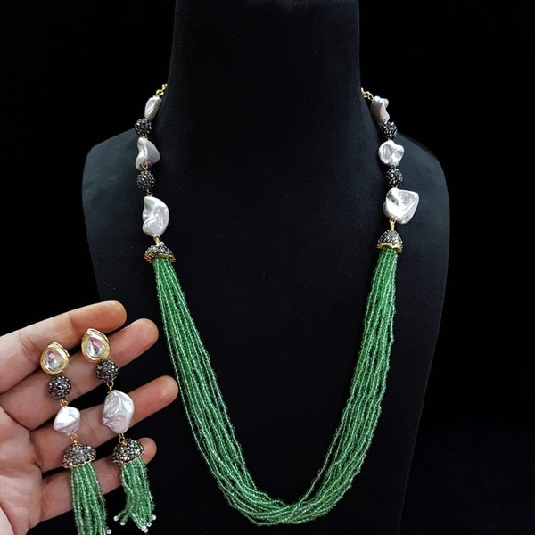 Pearl beads long necklace, Sabyasachi necklace, Indian necklace, Indian jewelry, Pakistani Jewelry, antique mala set, jaipuri set.