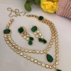 Green Gold Kundan Polki 2 layer long necklace,Jaipuri necklace,Indian jewelry,Victorian necklace,Wedding necklace,Kundan Polki jewellery.