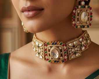 Multikleurige Kundan Polki choker kettingenset: bruidssieraden in Sabyasachi-stijl